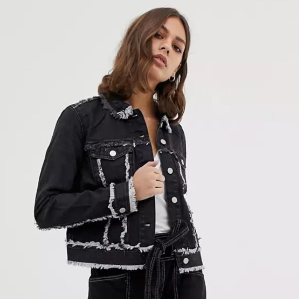 ASOS Weekday Denim Trucker Jacket with Raw Hem Washed Black